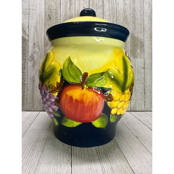 Vtg Nonni's Biscotti Painted Cookie Jar Canister Yellow Fruit Decor 10.5" Tall - Picture 2 of 13